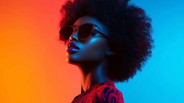 Beauty stylish portrait of fashion young African woman with sunglasses, beautiful trendy female model posing on vivid studio background