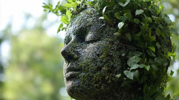 Close-up of serene human face statue integrated into a wall of green leaves and nature