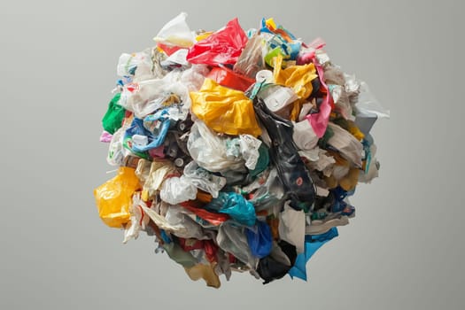 Problems of ecology, environment, a globe, planet earth of tightly packed garbage, vibrant colors, plastic bottles, food waste, packaging materials, organic refuse, in the air, gray background