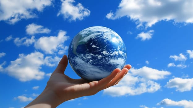 Ecology, environment concept, a hand holds a blue globe, planet earth against a clear sky background