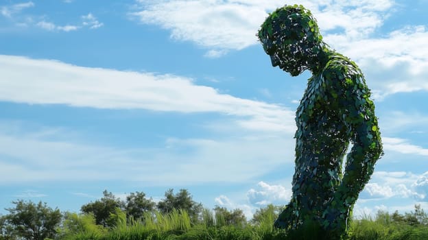A large human shaped sculpture made of plants stands under a blue sky, sustainability, ecology concept, unity with nature