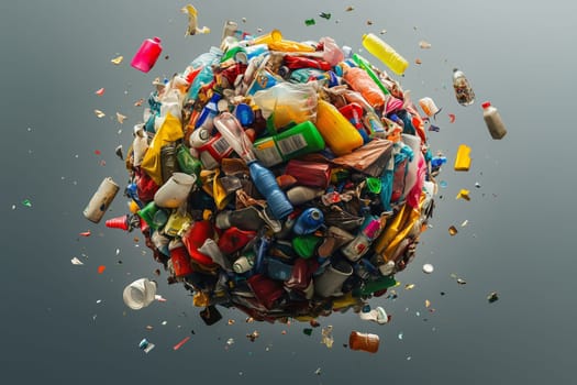 Problems of ecology, environment, a globe, planet earth of tightly packed garbage, vibrant colors, plastic bottles, food waste, packaging materials, organic refuse, in the air, gray background