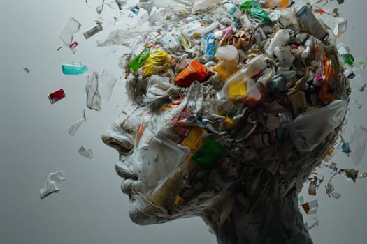 A sculpture of a human face formed from trash, exploding into pieces, symbolizing pollution