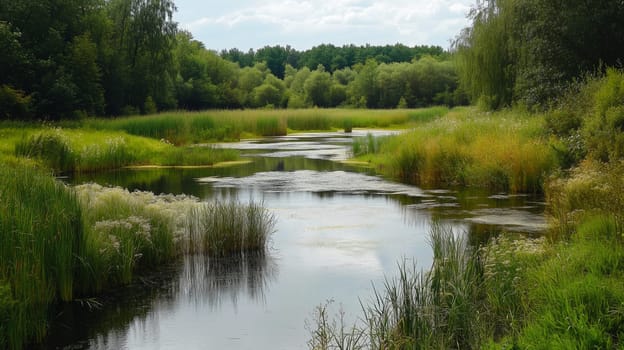 A calm river flows between green banks under a cloudy sky, surrounded by lush vegetation and forest