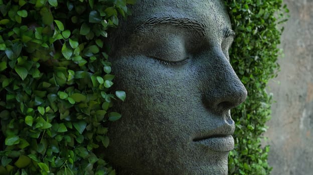 Close-up of serene human face statue integrated into a wall of green leaves and nature