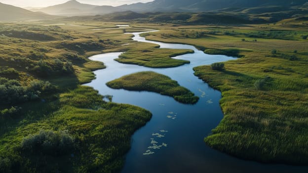 A calm river winds through a lush valley, glowing in the golden light of sunset and mountain background