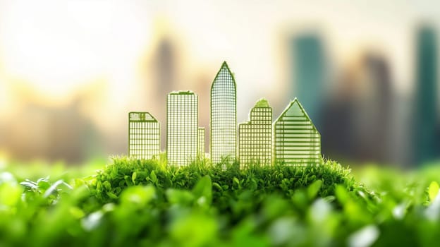A miniature city made of glassy green buildings sits on lush grass, showing an eco-friendly urban future