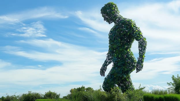 A large human shaped sculpture made of plants stands under a blue sky, sustainability, ecology concept, unity with nature