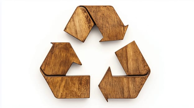 A wooden recycling symbol placed isolated on a white background, sustainability and eco-awareness, ecology, recycle concept