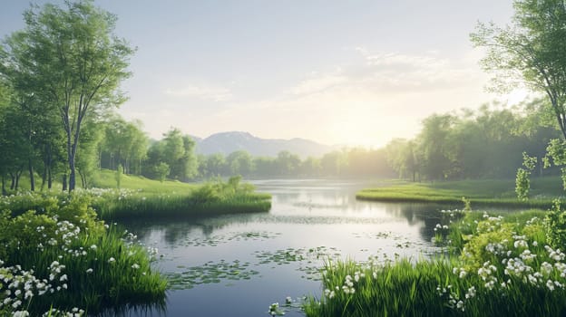 A scenic view of sunrise over a calm lake, surrounded by lush greenery and trees