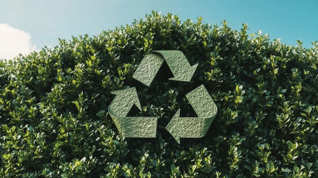 A green recycle symbol is crafted from leaves inside a trimmed hedge, sustainability and eco-awareness, ecology, recycling concept