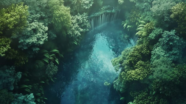 A serene view of a tropical forest with a clear turquoise waterfall surrounded by green trees, exotic nature background