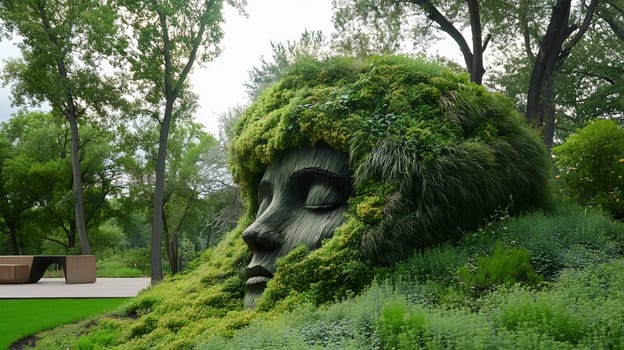 A peaceful overgrown sculpture of a man face and hair, made from grass and greenery in a park, art, ecology, landscape design