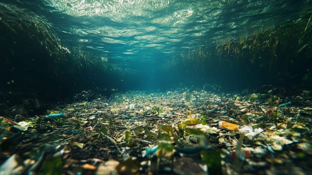 A polluted underwater view full of plastic waste, impact of human actions