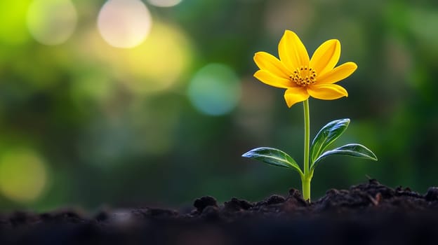 A bright yellow flower grows in rich soil with soft bokeh, hope and renewal, nature background