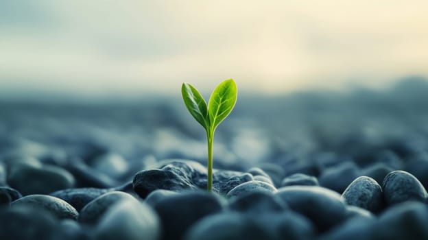 A small green sprout emerges from soil, surrounded by stones, new beginnings and natural cycles