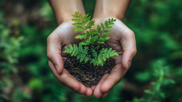Close-up of hands carefully holding a small green sapling in soil, growth and care, nature, ecology concept