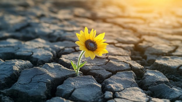 A yellow sunflower flower sprouts from dry, cracked earth, resilience, hope and nature’s strength