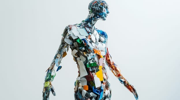 A human figure sculpture from mixed plastic trash stands against white background
