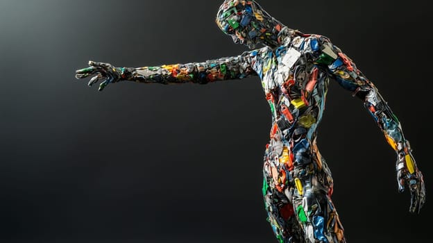 A human figure sculpture from mixed plastic trash stands against black background