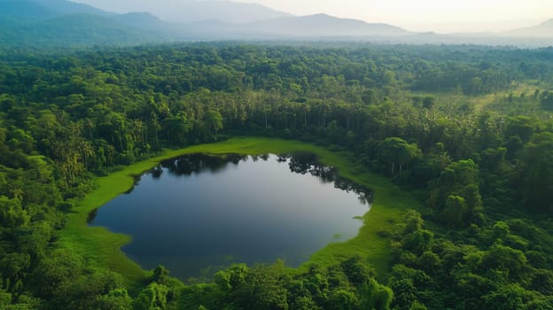 A small circular lake surrounded by thick forest under a hazy sky, viewed from above, nature landscape