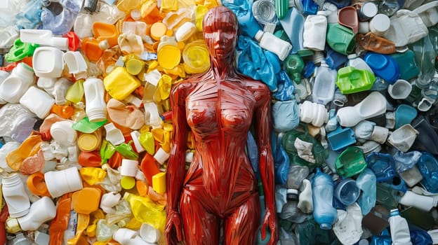 A red human figure sculpture stands against a vivid wall of mixed plastic trash