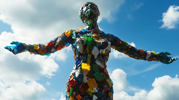 A human figure sculpture from mixed plastic trash stands against a blue sky background