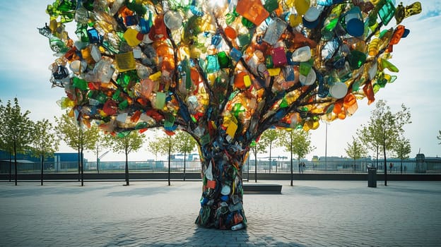 Artistic tree installation created entirely from colorful recycled plastic bottles and containers, in summer public park, environmental awareness