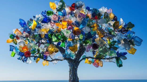 Artistic tree installation created entirely from colorful recycled plastic bottles and containers, in summer public park, blue sky background, environmental awareness