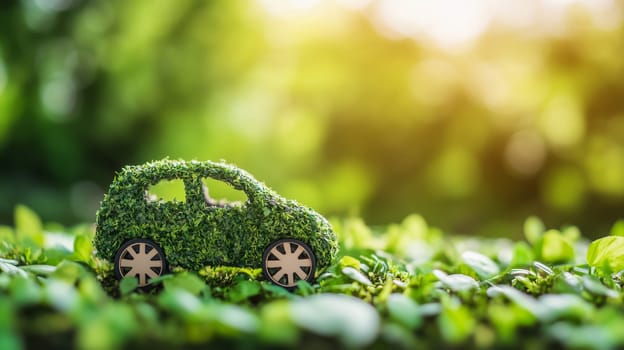 A small car made from green grass stands on a bed of leaves, sustainability and eco transport