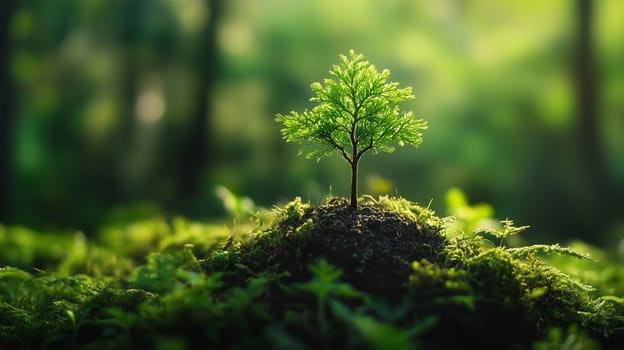 A bright young tree grows from soil under warm sunlight in a lush forest setting, symbolizing new life