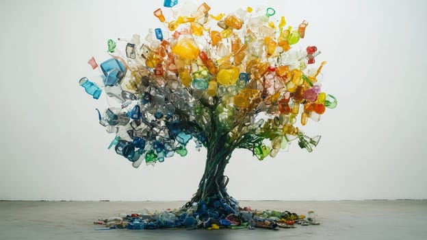 Artistic tree installation created entirely from colorful recycled plastic bottles and containers, environmental awareness