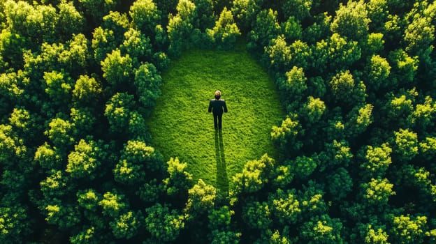 Eco-friendly, sustainable business, a businessman standing on a grassy patch in the center of a dense forest and cut down trees, deforestation, from above, aerial view