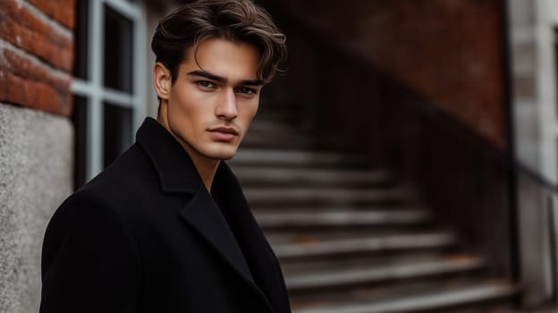 Stylish portrait of elegant young man, wearing black coat, handsome trendy male model posing on city street
