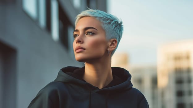 Portrait of stylish young woman with dyed hair, beautiful modern girl standing on a city street, looking away