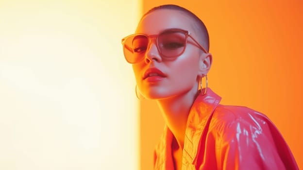 Beauty stylish portrait of fashion young woman with sunglasses, short hair, beautiful trendy girl model posing on vivid yellow studio background
