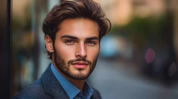 Stylish portrait of fashion bearded young man, wearing coat, handsome trendy male model posing on city street