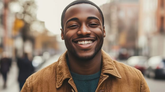Portrait of happy young man laughing, modern joyful guy standing in the city and looking at camera