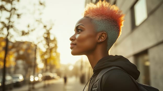 Portrait of stylish young African woman with dyed hair, beautiful black girl standing on a city street, looking away