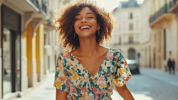 Inspired happy smiling Hispanic young woman wearing a summer dress, joyful beautiful girl tourist with curly hair enjoys a walk in sunny city