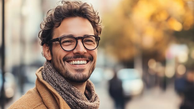 Portrait of happy young man laughing wearing glasses, modern joyful guy standing in the city and looking at camera
