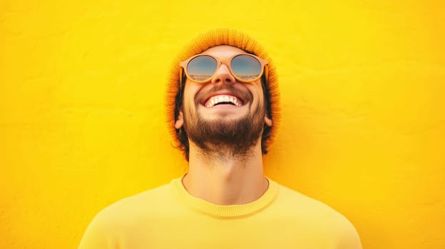 Portrait of stylish happy young man laughing wearing glasses, hat, modern joyful guy against a vivid yellow background