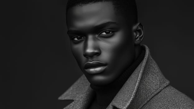 Close-up stylish portrait of elegant black young man, wearing coat, handsome African male model posing on studio background
