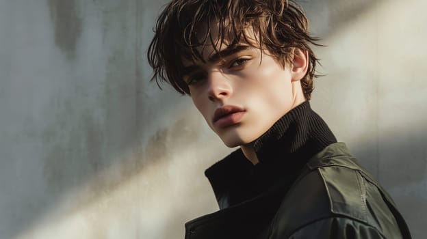 Stylish portrait of young man, wearing jacket, handsome trendy guy model posing against gray wall background