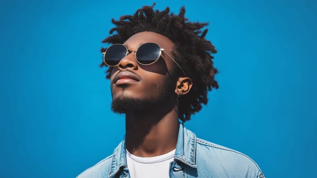 Summer portrait of stylish modern black young man wearing glasses, jacket, African guy with curly hair looking up against a blue sky background