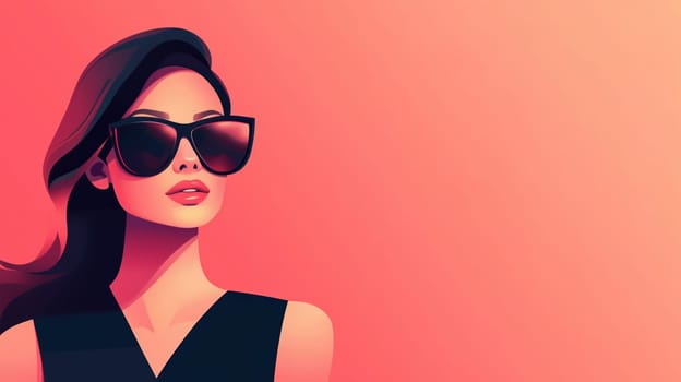 Portrait of stylish young woman wearing a black sunglasses, dress, beautiful girl posing on vivid red background, looking away