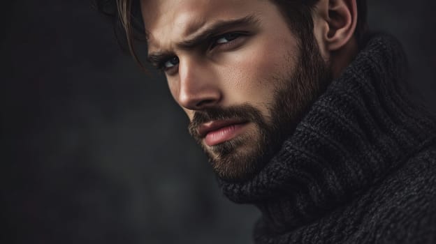 Close-up portrait of handsome confident bearded caucasian young man looking at camera wearing sweater posing on black studio background