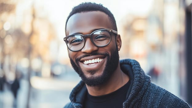 Portrait of happy young man laughing wearing glasses, modern joyful bearded guy standing in the city and looking at camera
