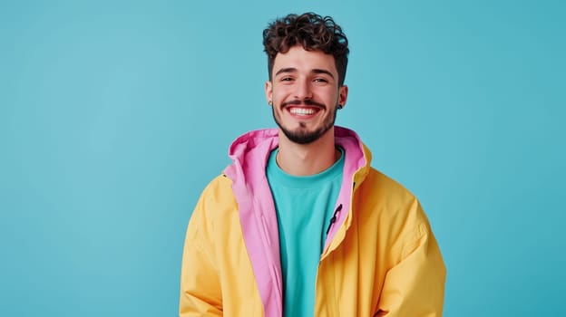 Portrait of stylish happy young man laughing wearing colorful jacket, modern joyful guy against a vivid blue studio background