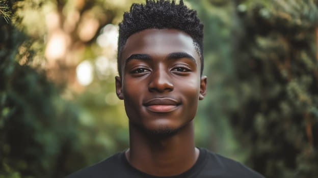 Portrait of stylish black American young man, modern African guy looking at camera standing in summer park